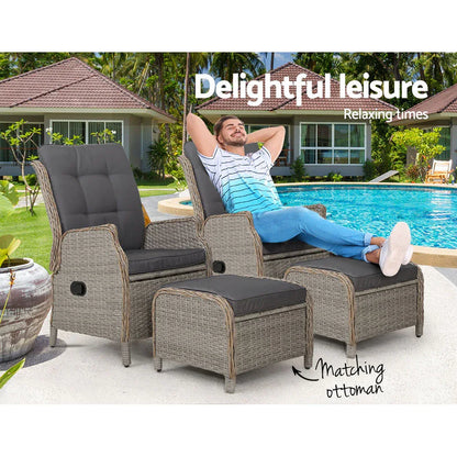 Gardeon 2PC Recliner Chair Sun lounge Wicker Lounger Outdoor Furniture Adjustable Grey - Mekamart Australia