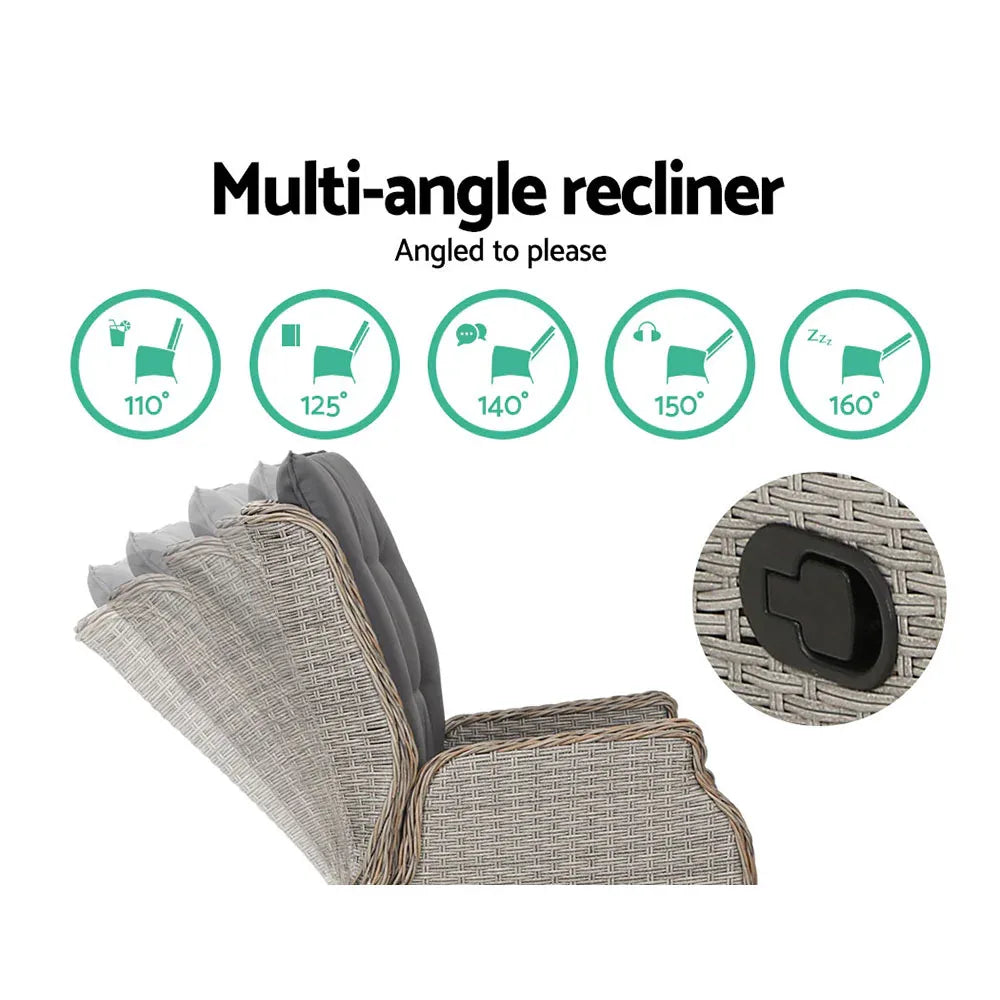 Gardeon 2PC Recliner Chair Sun lounge Wicker Lounger Outdoor Furniture Adjustable Grey - Mekamart Australia