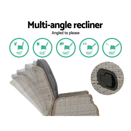 Gardeon 2PC Recliner Chair Sun lounge Wicker Lounger Outdoor Furniture Adjustable Grey - Mekamart Australia