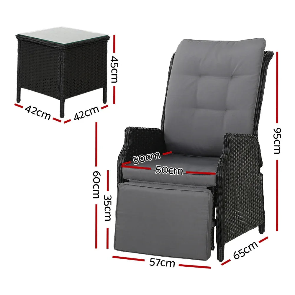 Gardeon 3PC Recliner Chairs Table Sun lounge Outdoor Furniture Wicker Adjustable Black - Mekamart Australia