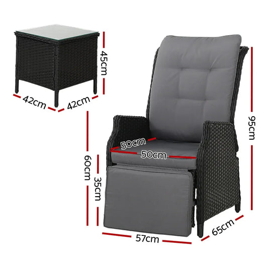 Gardeon 3PC Recliner Chairs Table Sun lounge Outdoor Furniture Wicker Adjustable Black - Mekamart Australia