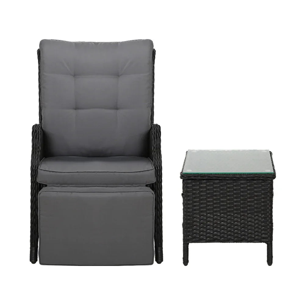 Gardeon 3PC Recliner Chairs Table Sun lounge Outdoor Furniture Wicker Adjustable Black - Mekamart Australia