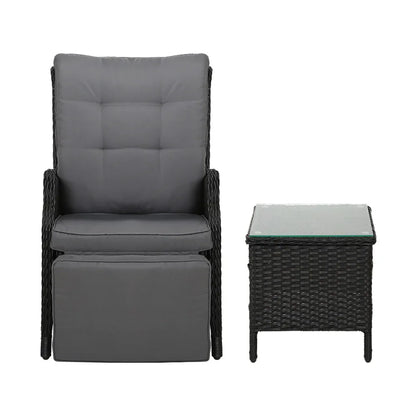 Gardeon 3PC Recliner Chairs Table Sun lounge Outdoor Furniture Wicker Adjustable Black - Mekamart Australia