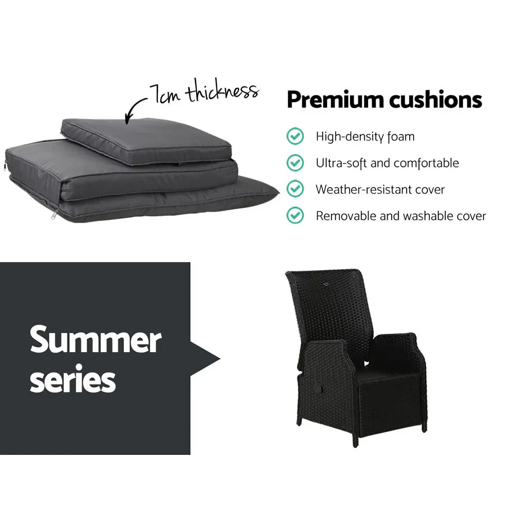 Gardeon 3PC Recliner Chairs Table Sun lounge Outdoor Furniture Wicker Adjustable Black - Mekamart Australia