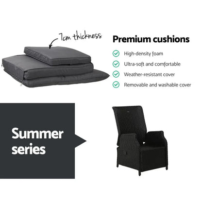 Gardeon 3PC Recliner Chairs Table Sun lounge Outdoor Furniture Wicker Adjustable Black - Mekamart Australia
