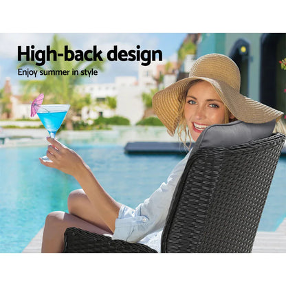 Gardeon 3PC Recliner Chairs Table Sun lounge Outdoor Furniture Wicker Adjustable Black - Mekamart Australia