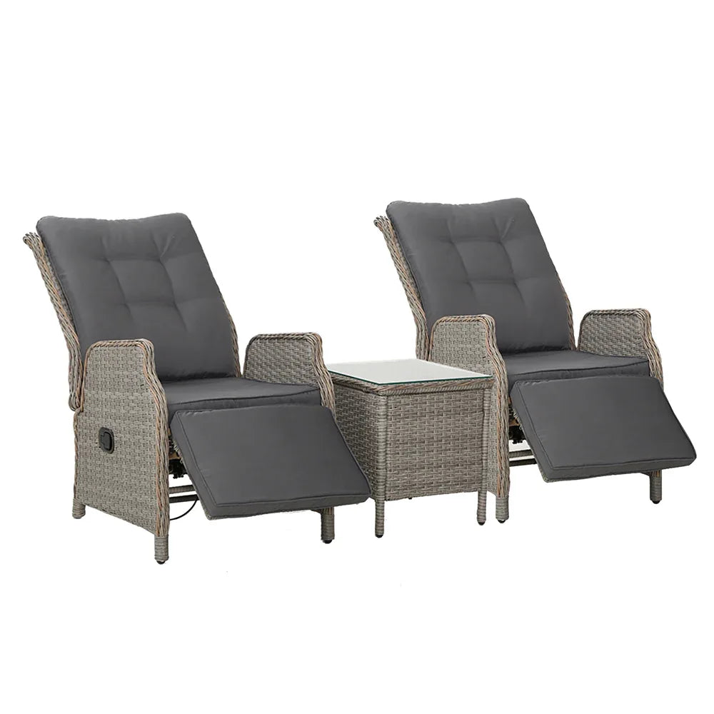 Gardeon 3PC Recliner Chairs Table Sun lounge Outdoor Furniture Wicker Adjustable Grey - Mekamart Australia