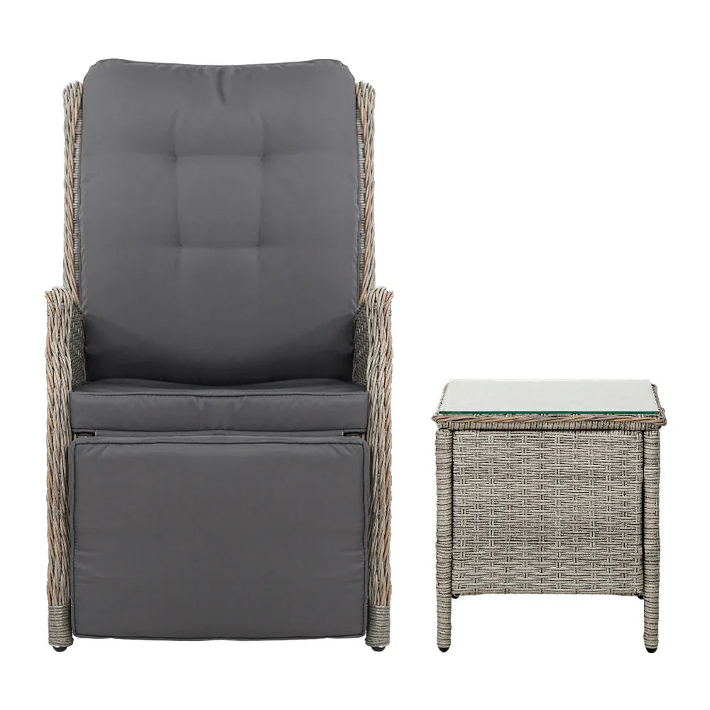 Gardeon 3PC Recliner Chairs Table Sun lounge Outdoor Furniture Wicker Adjustable Grey - Mekamart Australia