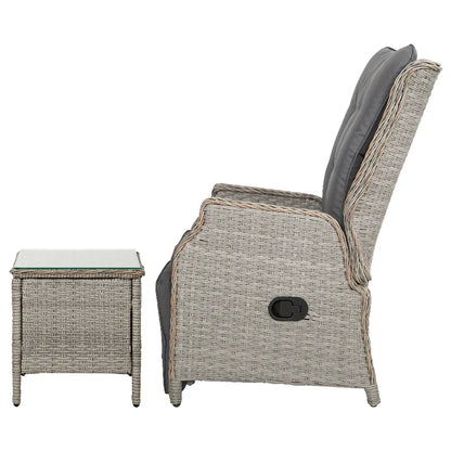 Gardeon 3PC Recliner Chairs Table Sun lounge Outdoor Furniture Wicker Adjustable Grey - Mekamart Australia