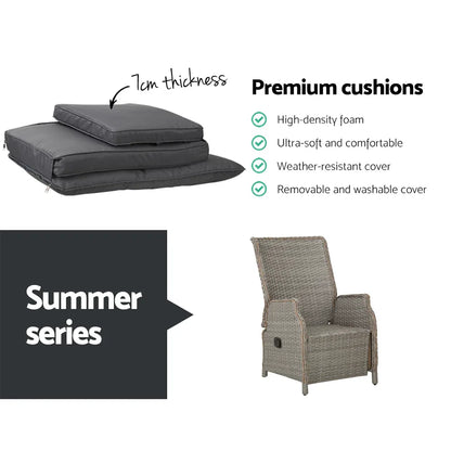 Gardeon 3PC Recliner Chairs Table Sun lounge Outdoor Furniture Wicker Adjustable Grey - Mekamart Australia