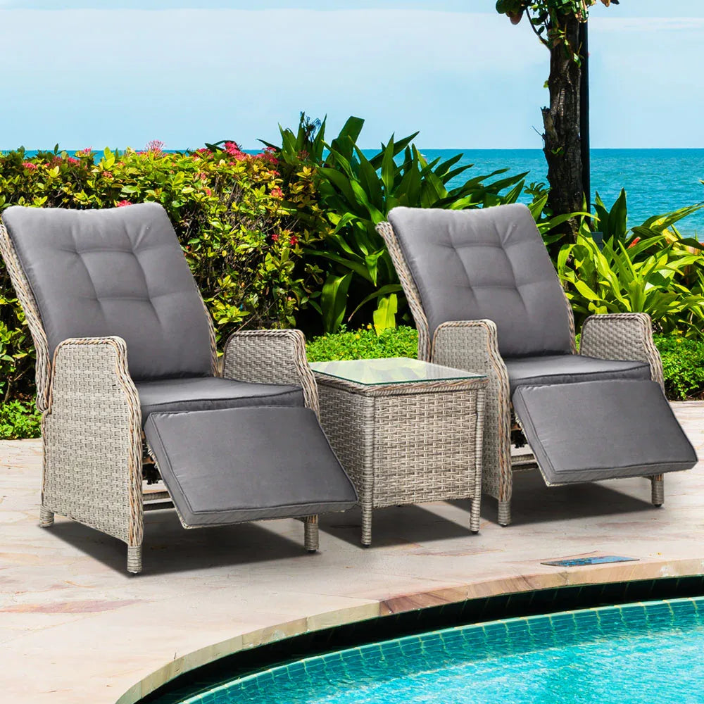 Gardeon 3PC Recliner Chairs Table Sun lounge Outdoor Furniture Wicker Adjustable Grey - Mekamart Australia