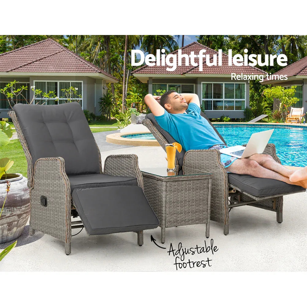 Gardeon 3PC Recliner Chairs Table Sun lounge Outdoor Furniture Wicker Adjustable Grey - Mekamart Australia