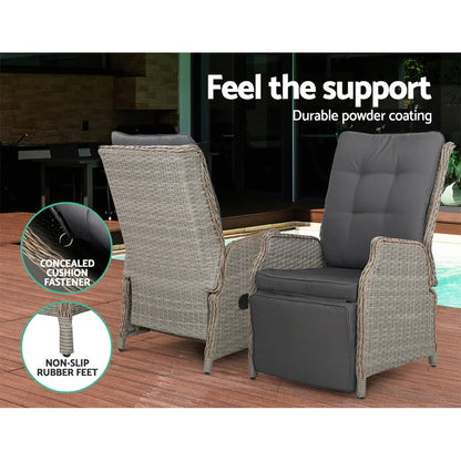 Gardeon 3PC Recliner Chairs Table Sun lounge Outdoor Furniture Wicker Adjustable Grey - Mekamart Australia