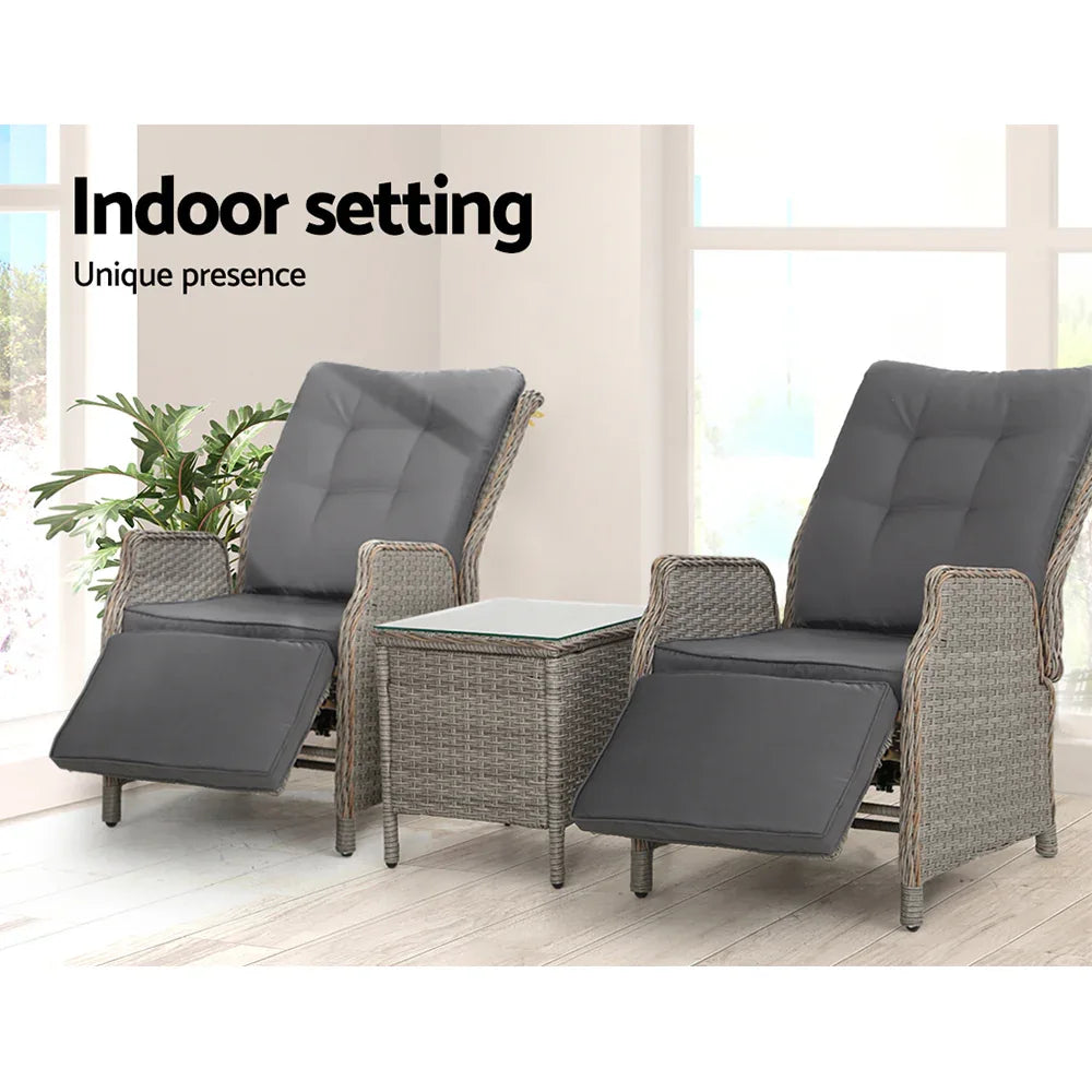 Gardeon 3PC Recliner Chairs Table Sun lounge Outdoor Furniture Wicker Adjustable Grey - Mekamart Australia