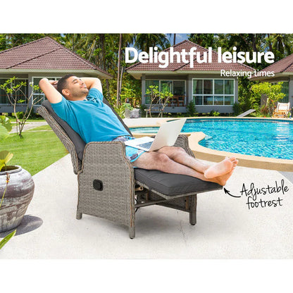 Gardeon Recliner Chairs Sun lounge Wicker Lounger Outdoor Furniture Patio Adjustable Grey - Mekamart Australia