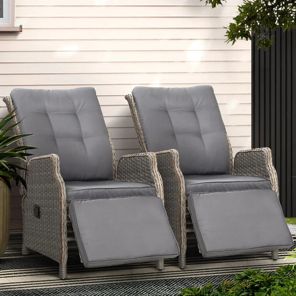 Gardeon 2PC Recliner Chairs Sun lounge Wicker Lounger Outdoor Furniture Adjustable Grey - Mekamart Australia