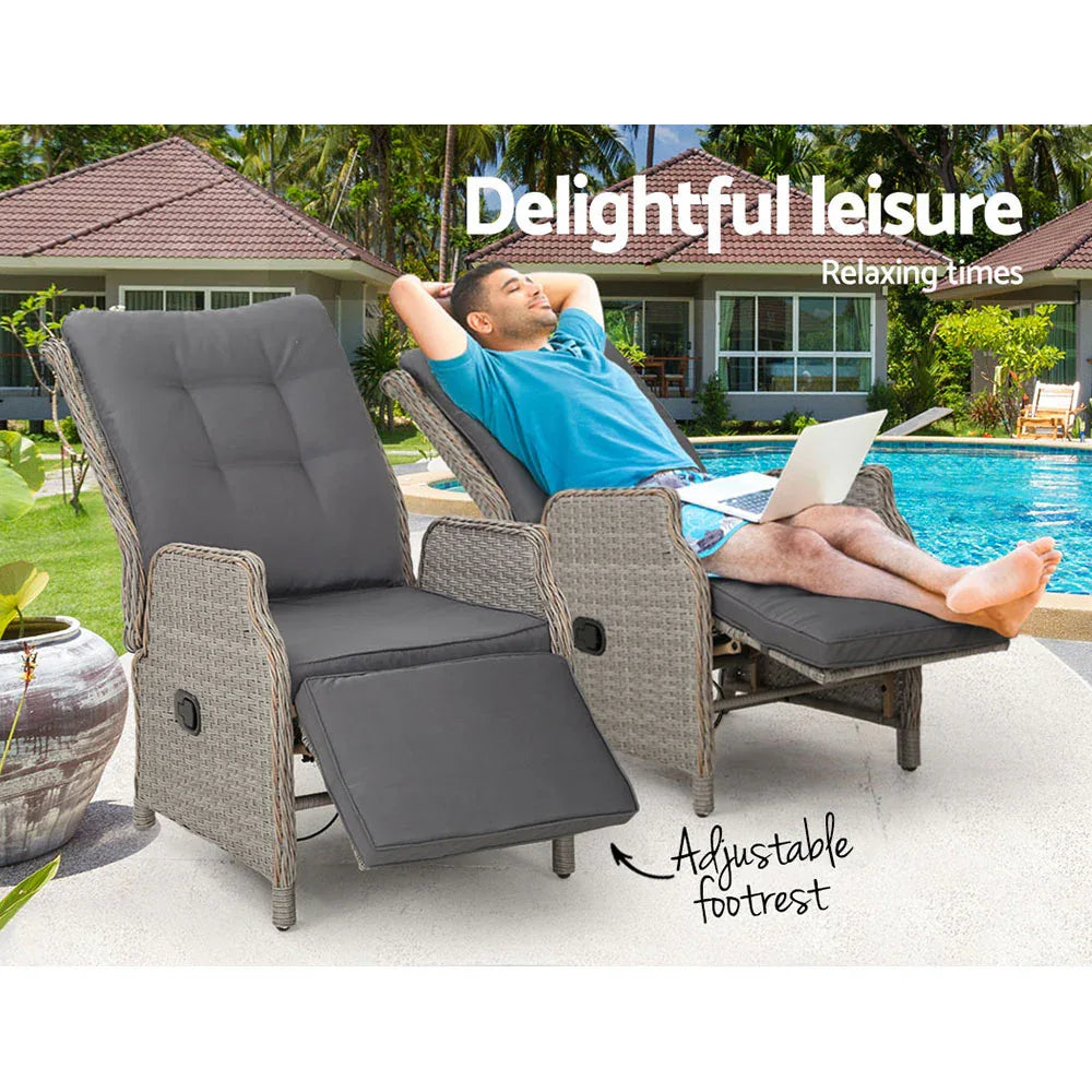 Gardeon 2PC Recliner Chairs Sun lounge Wicker Lounger Outdoor Furniture Adjustable Grey - Mekamart Australia