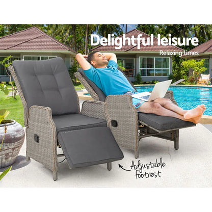 Gardeon 2PC Recliner Chairs Sun lounge Wicker Lounger Outdoor Furniture Adjustable Grey - Mekamart Australia