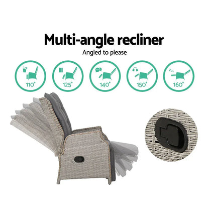 Gardeon 2PC Recliner Chairs Sun lounge Wicker Lounger Outdoor Furniture Adjustable Grey - Mekamart Australia