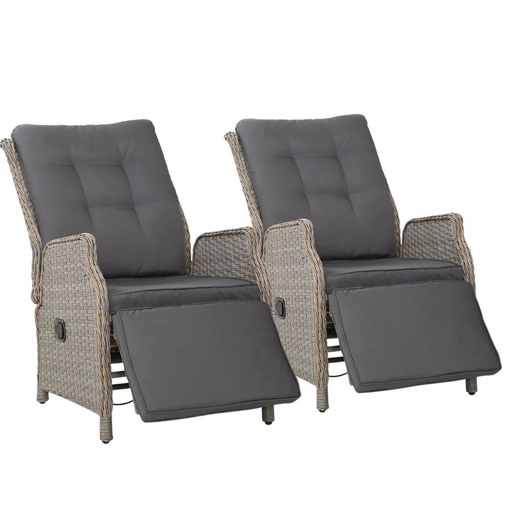 Gardeon 2PC Recliner Chairs Sun lounge Wicker Lounger Outdoor Furniture Adjustable Grey - Mekamart Australia
