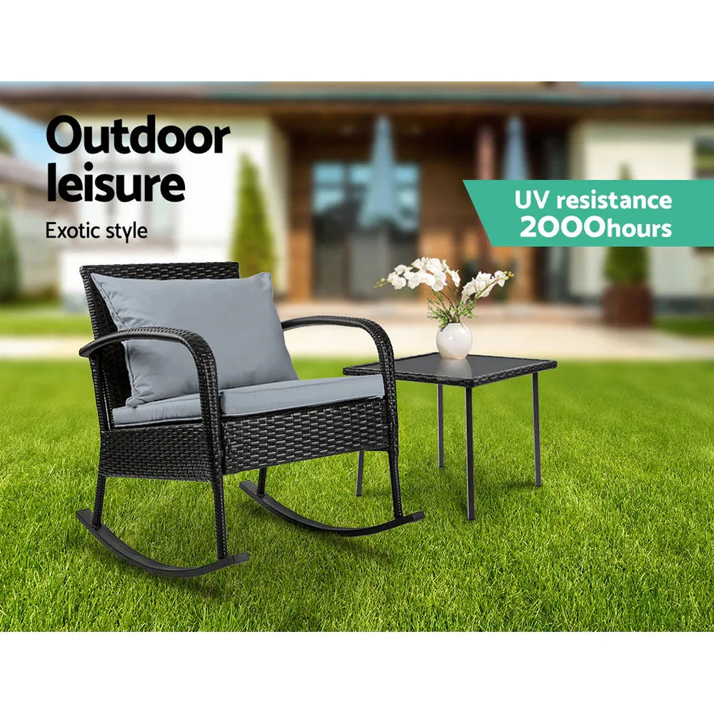 Gardeon 2PC Rocking Chair Table Wicker Outdoor Furniture Patio Lounge Setting - Mekamart Australia