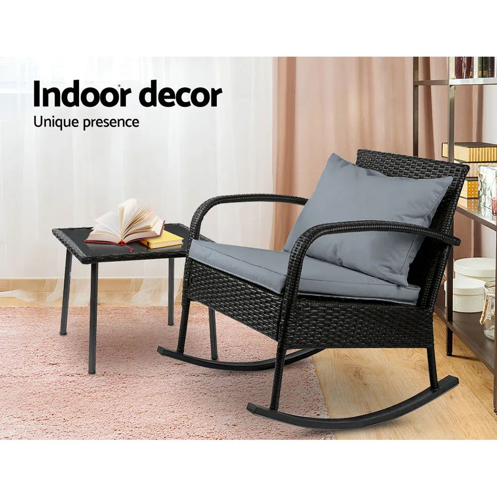 Gardeon 2PC Rocking Chair Table Wicker Outdoor Furniture Patio Lounge Setting - Mekamart Australia