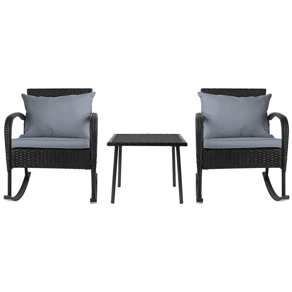 Gardeon 3PC Rocking Chair Table Wicker Outdoor Furniture Patio Bistro Set Black - Mekamart Australia