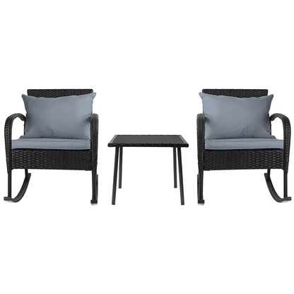 Gardeon 3PC Rocking Chair Table Wicker Outdoor Furniture Patio Bistro Set Black - Mekamart Australia