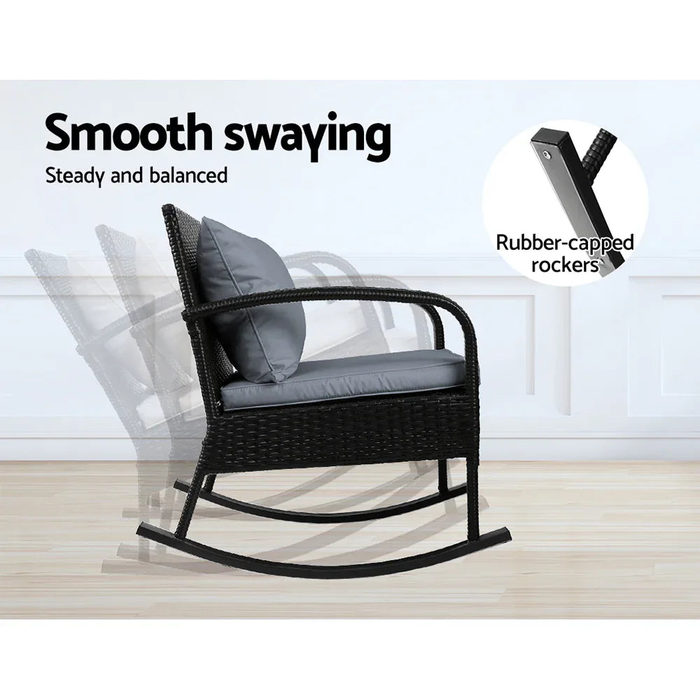 Gardeon 3PC Rocking Chair Table Wicker Outdoor Furniture Patio Bistro Set Black - Mekamart Australia