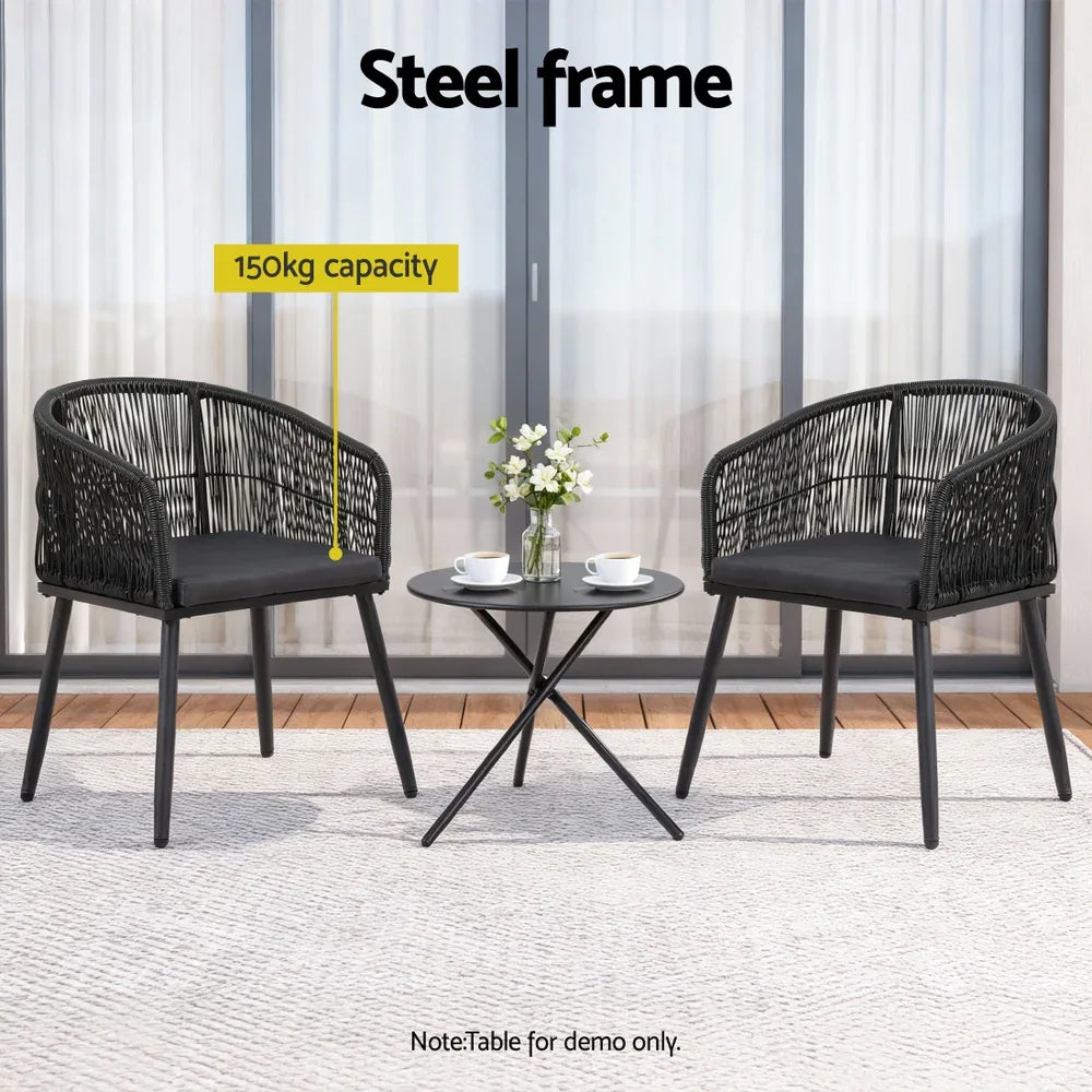 Gardeon 2PC Outdoor Dining Chairs Wicker Chair Patio Furniture Garden Steel Black - Mekamart Australia