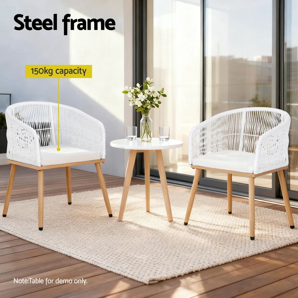 Gardeon 2PC Outdoor Dining Chairs Wicker Chair Patio Furniture Garden Steel White - Mekamart Australia