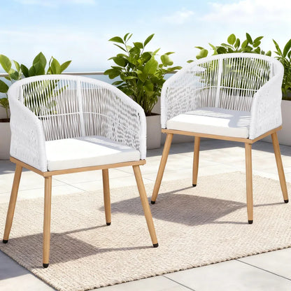 Gardeon 2PC Outdoor Dining Chairs Wicker Chair Patio Furniture Garden Steel White - Mekamart Australia