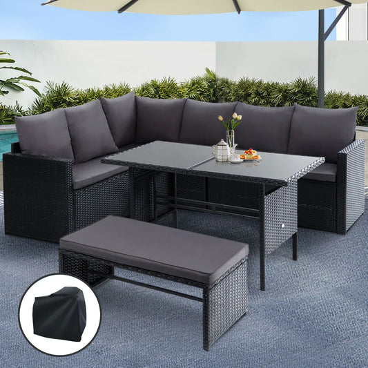 Gardeon Outdoor Dining Set Sofa Lounge Setting Chairs Table Bench Black Cover - Mekamart Australia