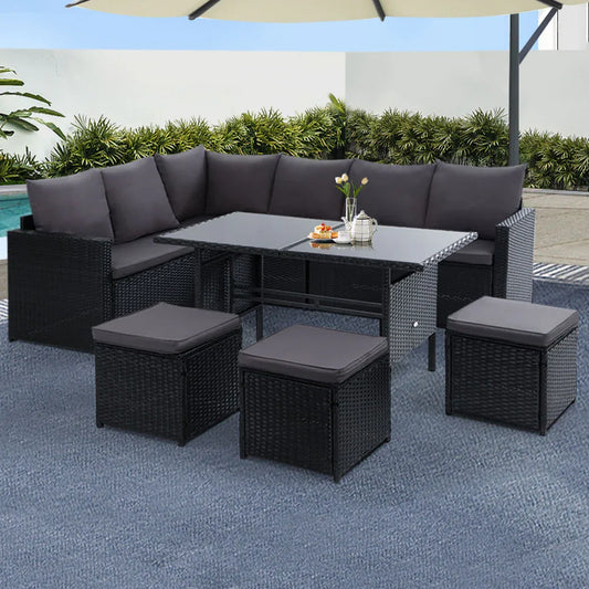 Gardeon Outdoor Furniture Dining Setting Sofa Set Lounge Wicker 9 Seater Black - Mekamart Australia