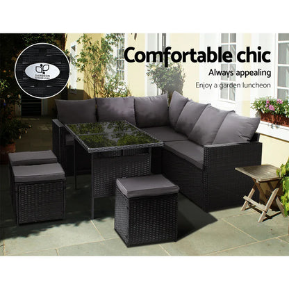 Gardeon Outdoor Furniture Dining Setting Sofa Set Lounge Wicker 9 Seater Black - Mekamart Australia