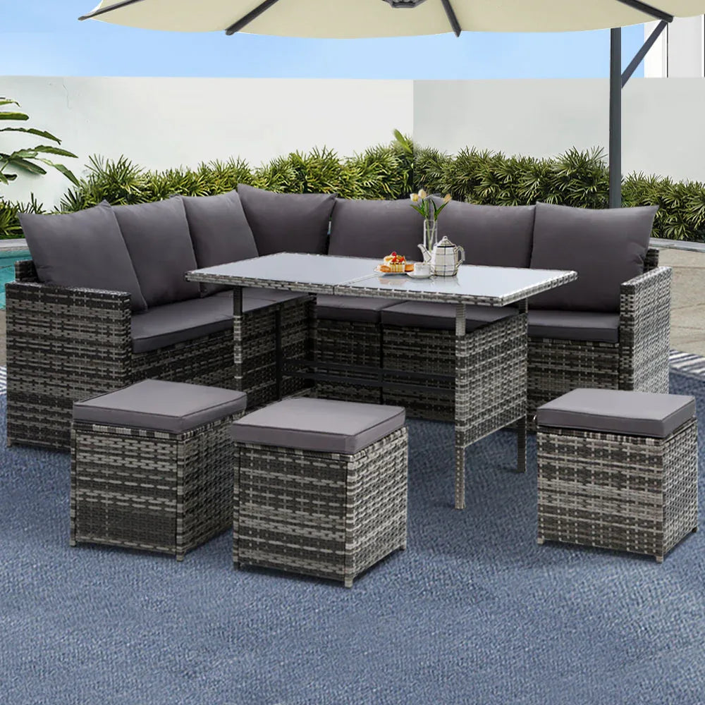 Gardeon Outdoor Furniture Dining Setting Sofa Set Lounge Wicker 9 Seater Mixed Grey - Mekamart Australia