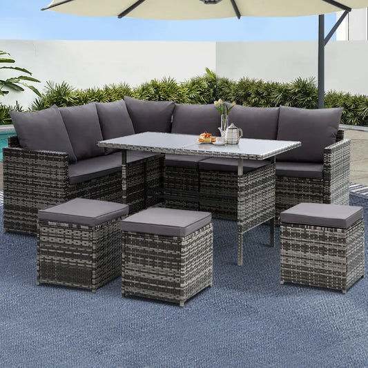 Gardeon Outdoor Furniture Dining Setting Sofa Set Lounge Wicker 9 Seater Mixed Grey - Mekamart Australia