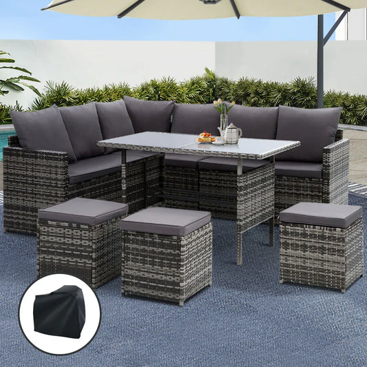Gardeon Outdoor Dining Set Sofa Lounge Setting Chairs Table Ottoman Grey Cover - Mekamart Australia