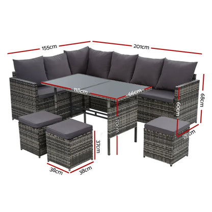 Gardeon Outdoor Dining Set Sofa Lounge Setting Chairs Table Ottoman Grey Cover - Mekamart Australia
