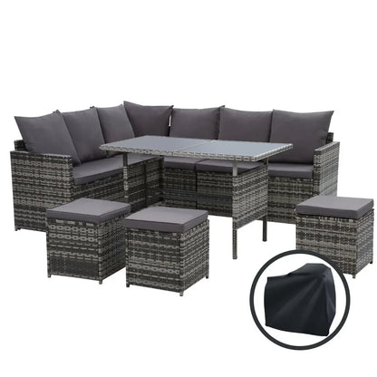 Gardeon Outdoor Dining Set Sofa Lounge Setting Chairs Table Ottoman Grey Cover - Mekamart Australia