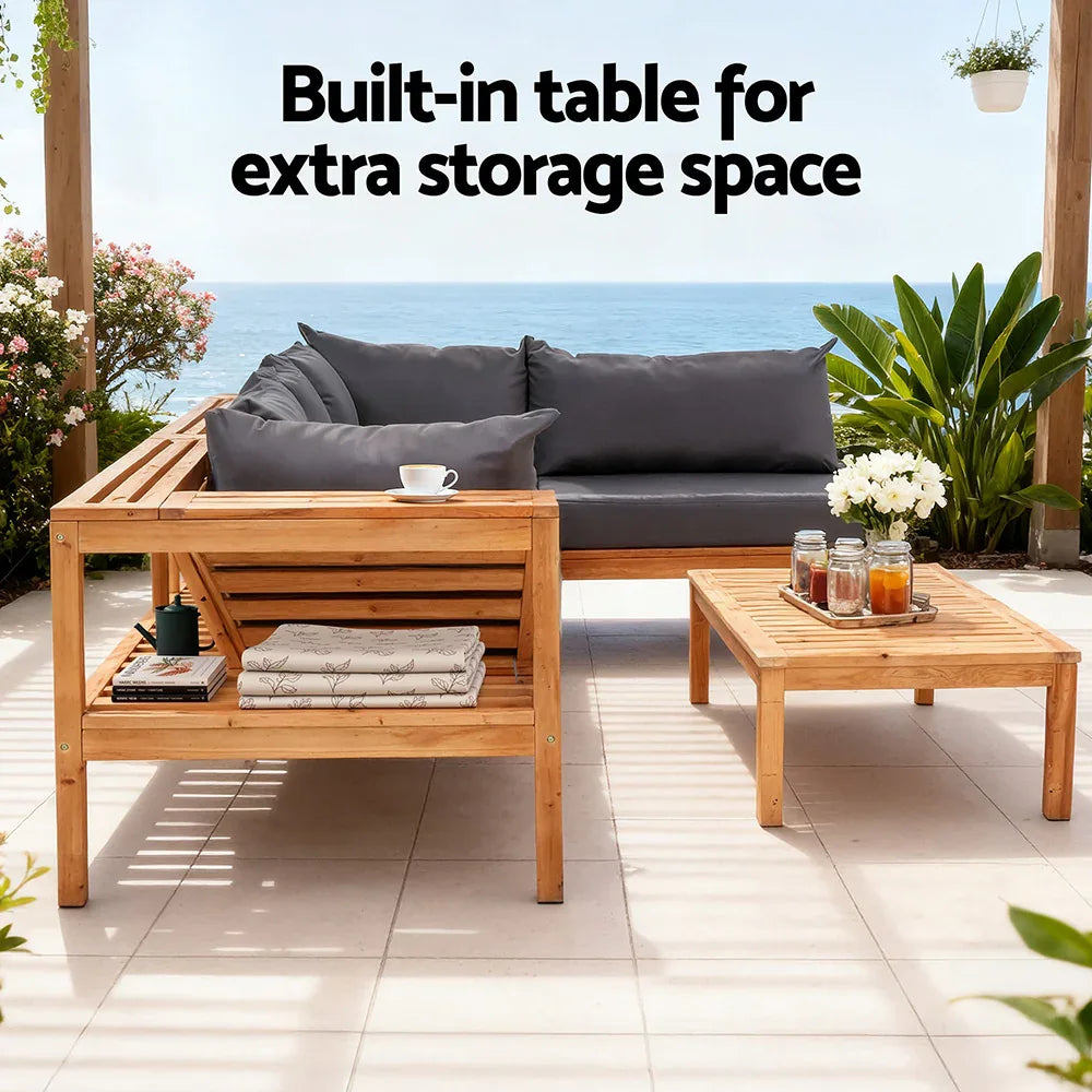 Gardeon 4 Pieces Outdoor Sofa Set 5-Seater Wooden Bench with Built-in Side Table - Mekamart Australia