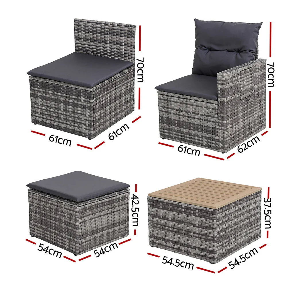 Gardeon 5 Pieces Outdoor Sofa Set 4-Seater Grey Rattan Patio Furniture Table and Chair Setting - Mekamart Australia