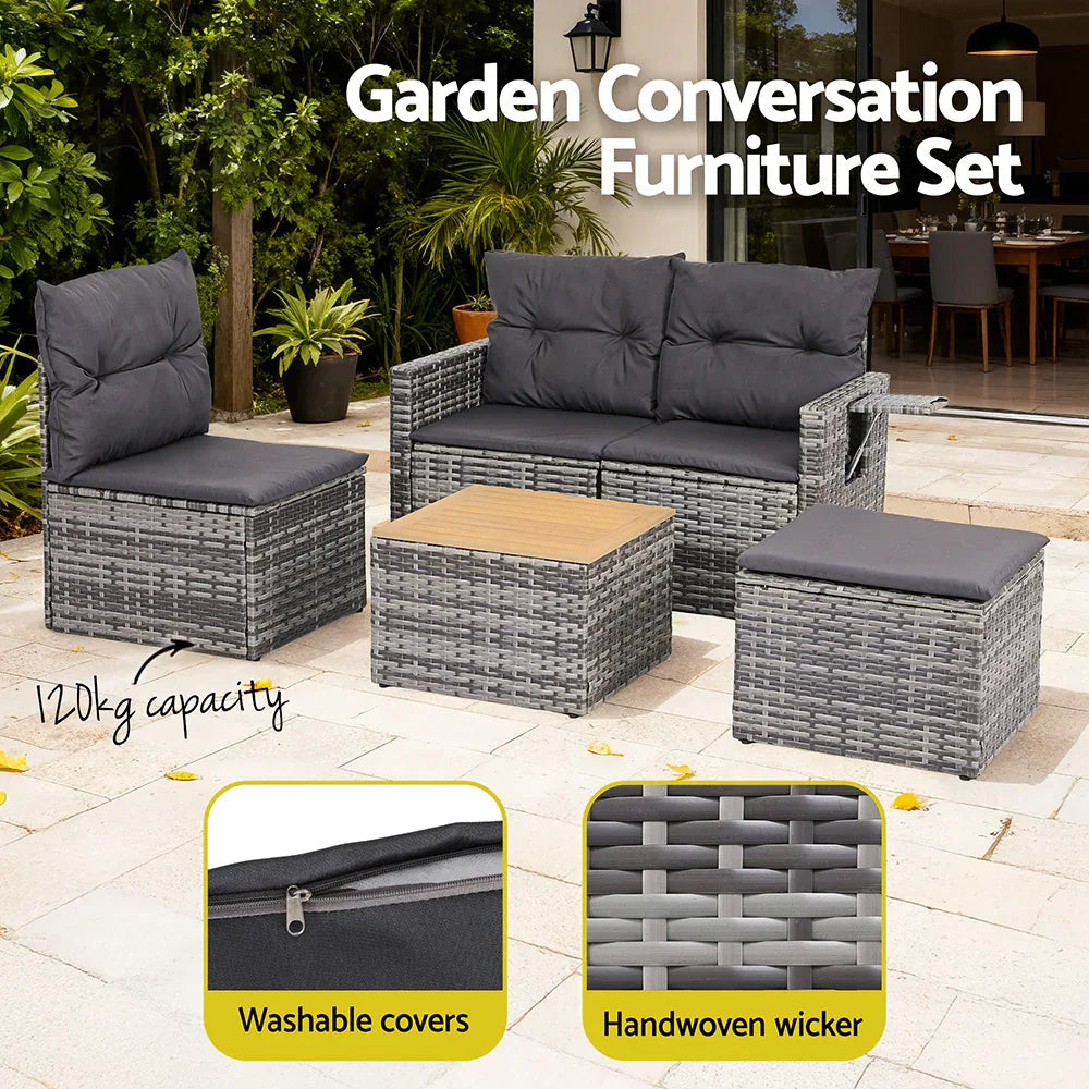 Gardeon 5 Pieces Outdoor Sofa Set 4-Seater Grey Rattan Patio Furniture Table and Chair Setting - Mekamart Australia
