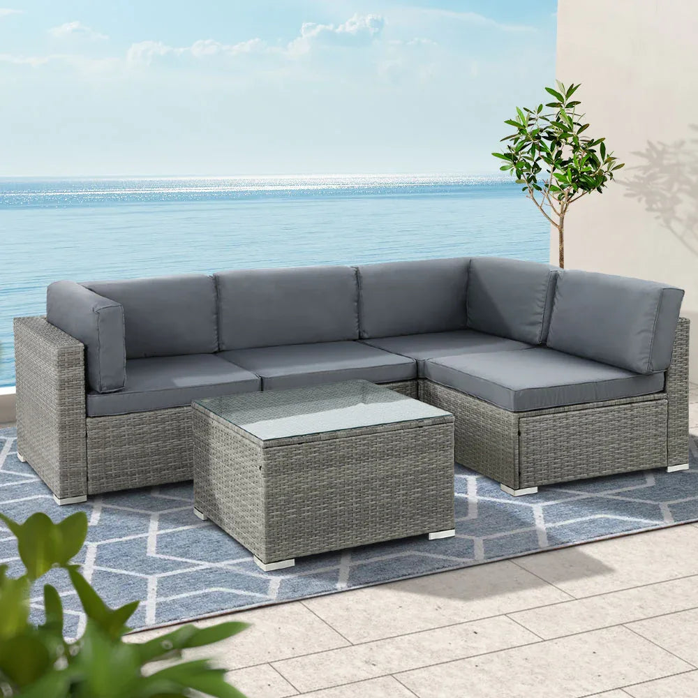 Gardeon 5-Piece Outdoor Sofa Set Wicker Couch Lounge Setting 4 Seater Grey - Mekamart Australia