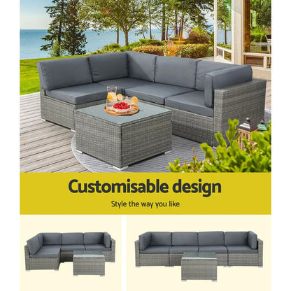 Gardeon 5-Piece Outdoor Sofa Set Wicker Couch Lounge Setting 4 Seater Grey - Mekamart Australia