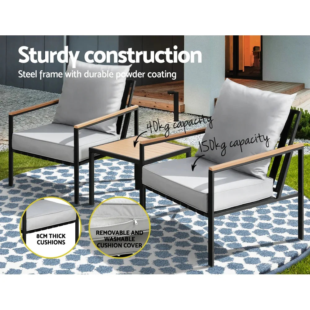 Gardeon 3PC Outdoor Furniture Bistro Set Lounge Setting Chairs Table Patio Black - Mekamart Australia