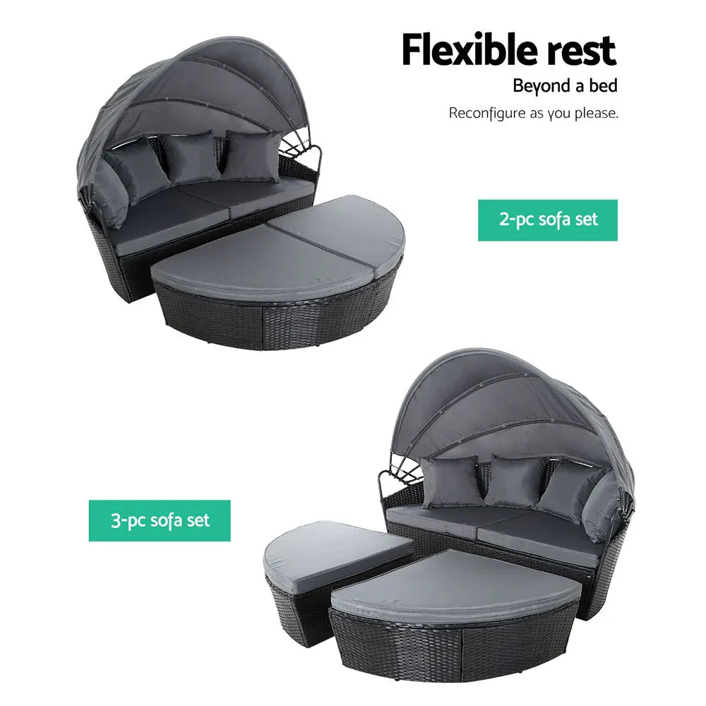 Gardeon Sun Lounge Setting Wicker Lounger Day Bed Outdoor Furniture Patio Black - Mekamart Australia