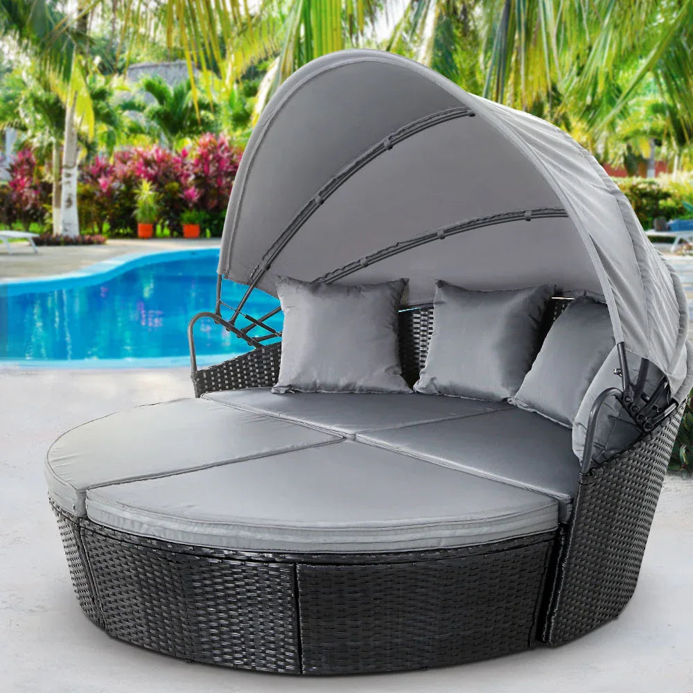 Gardeon Sun Lounge Setting Wicker Lounger Day Bed Outdoor Furniture Patio Black - Mekamart Australia