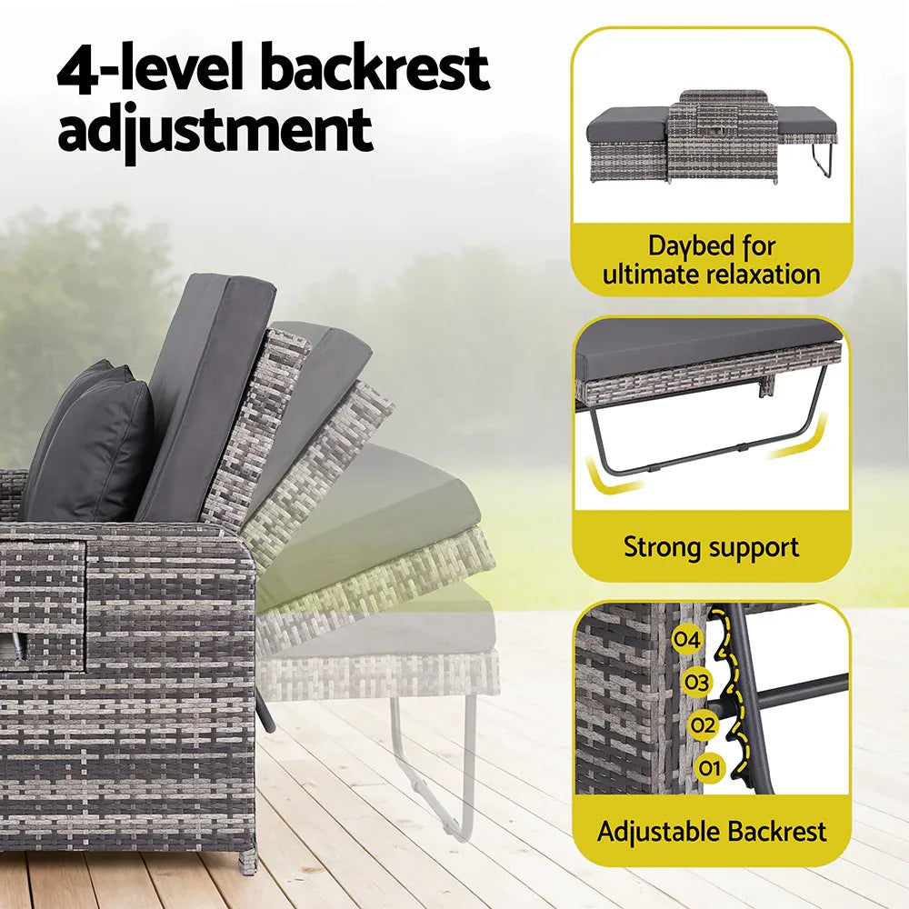 Gardeon Outdoor Day Bed Sun Lounge Setting Wicker Lounger Patio Furniture Grey - Mekamart Australia