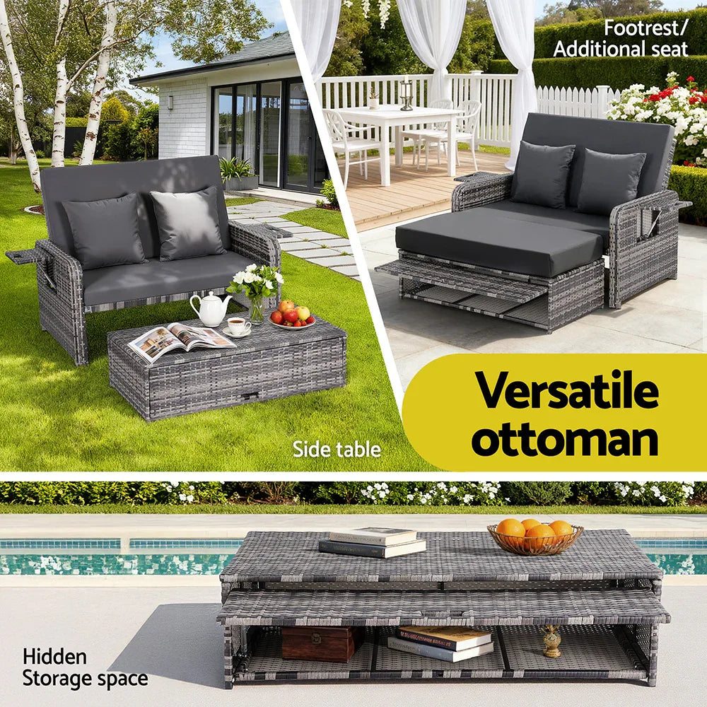 Gardeon Outdoor Day Bed Sun Lounge Setting Wicker Lounger Patio Furniture Grey - Mekamart Australia
